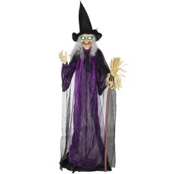 Outsunny 183 cm Life Size Halloween Animated Standing Witch & Broomstick with Glowing LED Eyes, Spooky Witch Scary Halloween Decorations, Battery Operated, Indoor Party Props
