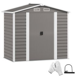 Outsunny 7 x 4ft Garden Shed, Easy to Assemble, Upgraded Galvanised Steel Frame with Foundation Kit, Double Doors with Lock, Outdoor Metal Shed with Vents and Gloves, Garden Storage Shed, Light Grey