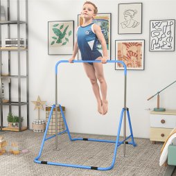 HOMCOM Kids Gymnastic Bar, Foldable Horizontal Bars w/ Adjustable Height, Training Bar w/ Triangle Base - Blue