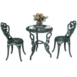 Outsunny Garden Bistro Set with Umbrella Hole, 3 Piece Cast Aluminium Garden Furniture Set, Antique Floral Round Coffee Table and Chairs, Small Balcony Furniture for Outdoor, Patio, Green