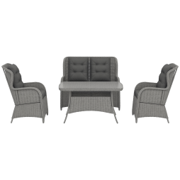 Outsunny Garden PE Rattan Dining Sofa Set, Outdoor 4 Seater Wicker Furniture, High Back Chairs with Cushions, Tempered Glass Coffee Table for Patio, Light Grey