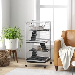 PawHut Small Animal Cage with Wheels Pet Home for Chinchillas Ferrets Kittens, with Hammock, 4 Platforms, Removable Tray, Light Grey