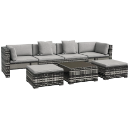 Outsunny 7 Pieces PE Rattan Garden Sofa Set Patio Furniture Set with Glass Table, Stools, Cushions, Pillows, for Outdoor Balcony, Mixed Grey