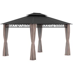 Outsunny 3.6 x 3 (m) Outdoor Polycarbonate Gazebo, Double Roof Hard Top Gazebo with Galvanised Steel Frame, Nettings & Curtains for Garden, Lawn, Patio and Deck