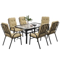 Outsunny 7 Pieces Garden Dining Set, Outdoor Rectangular Dining Table and 6 Cushioned Armchairs, Tempered Glass Top Table w/ Umbrella Hole, Texteline Seats, Beige