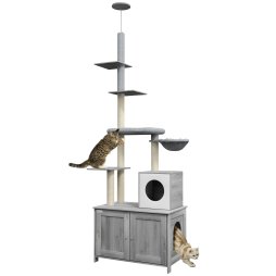 PawHut Cat Tree with Hidden Litter Box, 2-in-1 Floor-to-Ceiling Cat Litter Box Furniture with Cat House, Bed, Hammock, Scratching Posts and Platforms for Indoor Use - Grey