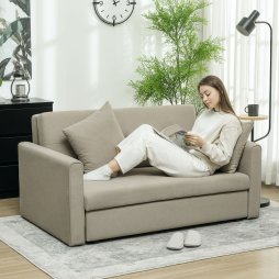 HOMCOM 2 Seater Sofa Bed, Convertible Bed Settee, Modern Velvet Loveseat Sofa Couch with 2 Cushions, Hidden Storage for Living Room, Guest Room, Light Brown