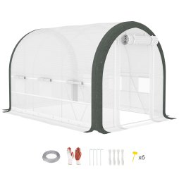 Outsunny 3 x 2(m) Walk-in Polytunnel Greenhouse with Upgraded Structure, Zipped Roll Up Mesh Door, 6 Mesh Windows, Tunnel Warm House Tent with PE Cover, 6 Plant Labels and Gloves, White