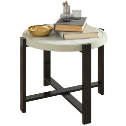 Outsunny Round Small Garden Table, 60cm Outdoor Side Table with Faux Marble Tempered Glass Top, Aluminium Frame for Garden, Patio, Balcony, Light Grey