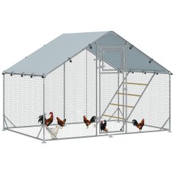 PawHut Walk-in Chicken Run, Galvanised Chicken Coop with Water-Resistant and UV-Resistant Cover, Feeding Door, Hanging Feeder, Perch, Hen Poultry House, for 6-8 Chickens, Ducks, Rabbits, Geese