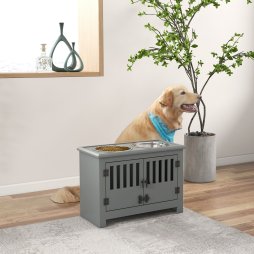 PawHut Raised Dog Bowls for Large Dogs, Pet Feeding Station, Doors with Latch, Storage Cabinet, Two Stainless Steel Bowls - Grey