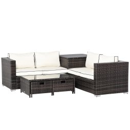 Outsunny 4 Pieces Rattan Garden Furniture Set, 4 Seater Corner Sofa Set with Storage Box, 2 Drawers Coffee Table, Loveseats with Cushions, Wicker Garden Conservatory Furniture for Balcony, Brown