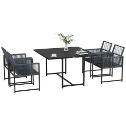 Outsunny 5 Pieces Garden Dining Set, Outdoor Patio Cube Set, 4 Seater Outdoor Table and Chairs with Foldable Backrest, Tempered Glass Top, Handwoven Rope for Poolside, Space-Saving, Dark Grey