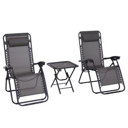 Outsunny Folding Zero Gravity Chairs, 3 Pieces Adjustable Sun Lounger and Table Set with Cup Holder and Headrest, Patio Bistro Set with Reclining Garden Chairs for Outdoor, Dark Grey