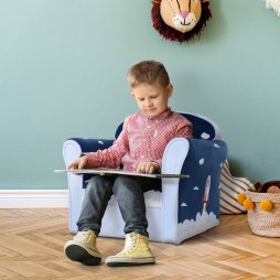 HOMCOM Children's Armchair Flannel Kids Sofa Tub Chair Cartoon Rocket Pattern Wooden Frame Bedroom Playroom Seater Blue