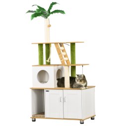 PawHut Cat Tree with Hidden Litter Box Enclosure, 2-in-1 Green Leaf Cat Tower, Litter Box Furniture with House, Ladder, Scratching Posts, Platforms, for Indoor Use - Oak