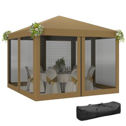 Outsunny 3 x 3m Pop Up Gazebo, 420D Garden Tent Canopy with Removable Mesh Sidewall Netting, Carry Bag for Garden Patio Outdoor, Khaki