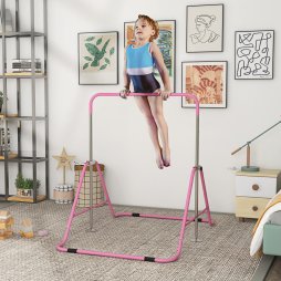 HOMCOM Kids Gymnastic Bar, Foldable Horizontal Bars w/ Adjustable Height, Training Bar w/ Triangle Base - Pink