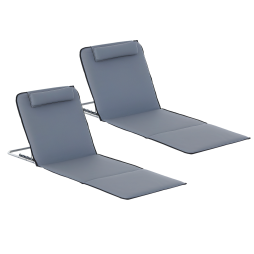 Outsunny Set of 2 Foldable Garden Beach Chair Mat Lightweight Outdoor Sun Lounger Seats Adjustable Back Metal Frame PE Fabric Head Pillow w/ Carry Bag,Grey