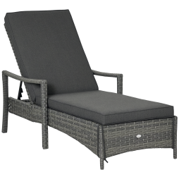 Outsunny Patio Rattan Sun Lounger, Dual Wicker Weave Outdoor Single Reclining Chair Furniture, 5-Level Adjustable Backrest w/ Removeable & Washable Cushion, Mixed Grey