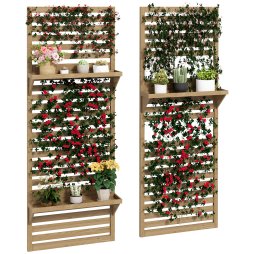 Outsunny Set of 2 Wall Mounted Plant Stand with Trellis, 170cm Wooden Plant Rack with Hanging Planter Shelves and Slatted Trellis for Climbing Plants, for Patio, Balcony, Porch, Natural