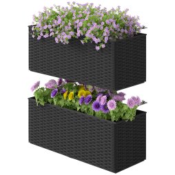 Outsunny Set of 2 Hanging Flower Boxes, 50 cm Long, Rattan Look Flower Pot with Drainage Holes and Hooks, Railing Box for Fence Balcony Garden