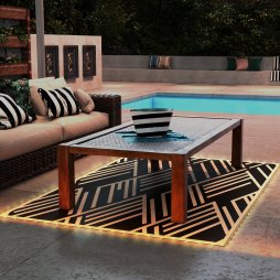 Outsunny Reversible Outdoor Rug with LED String Lights, Waterproof Plastic Straw Mat with Carry Bag for Garden, Deck, RV, Picnic, Beach, Camping, 182 x 274cm, Black and Coffee