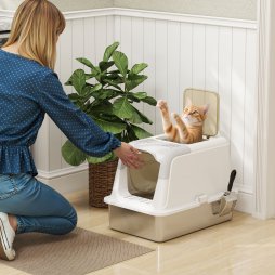 PawHut Stainless Steel Litter Box with Lid, Extra Large Hooded Cat Litter Tray for Big Cats with Front-Entry and Top-Exit, Metal Scoop, Deodorizer Bag, Non-Sticky, Odour Control and Easy Clean