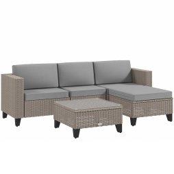 Outsunny 5 Pieces PE Rattan Garden Furniture Set, 4 Seater Garden Corner Sofa Set with Glass Coffee Table, Wicker Outdoor Furniture Set with Cushions for Patio Deck, Brown