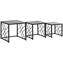 HOMCOM Nesting Coffee Tables, Set of 3 Square Side Tables with Black Metal Frame, for Living Room, Bedroom and Office, Grey