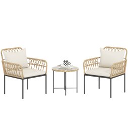 Outsunny 3 Piece Rattan Bistro Set, Wicker Garden Furniture Set with Cushions, Glass Top Coffee Table and Chairs for Outdoor, Patio, Balcony, Beige