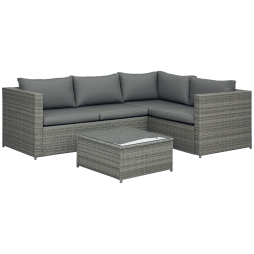 Outsunny 3 Pieces PE Rattan Garden Furniture Set with 10 cm Thick Cushions, 4 Seater Garden Corner Sofa Set with Glass Top Coffee Table, Outdoor Furniture for Patio, Porch, Grey
