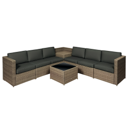 Outsunny 8 Pieces Outdoor PE Rattan Sofa Set with Cushions, Patio Garden Furniture Sets with Glass Top Coffee Table, Storage Corner Table, Mixed Brown