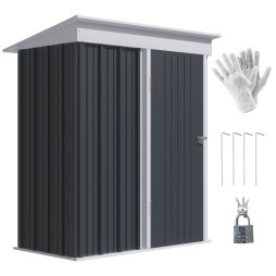 Outsunny 5x3ft Garden Shed, Steel Small Shed, Outdoor Lean-to Shed with Adjustable Shelf, Lock and Gloves for Patio, Garden, Dark Grey with Foundation Kit