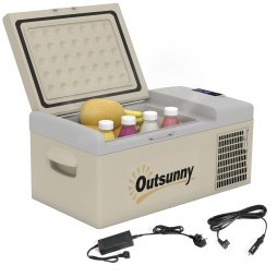Outsunny 16L Car Refrigerator,  Portable Compressor Camping Fridge Freezer with 12/24V DC and 100-240V AC for Car, RV and Camping Use, Down to -20°C, Khaki