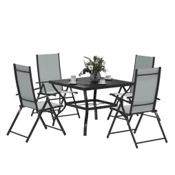 Outsunny 5 Pieces Garden Dining Set, 4 Seater Garden Furniture Set with Parasol Hole, Outdoor Dining Set with High Back Folding Chairs and Square Metal Top Table for Outdoor Patio, Grey