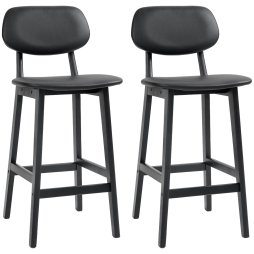 HOMCOM Bar Stools Set of 2, Breakfast Bar Chairs, PU Leather Upholstered Kitchen Stools with Backs, Footrests and Solid Wood Legs, Black
