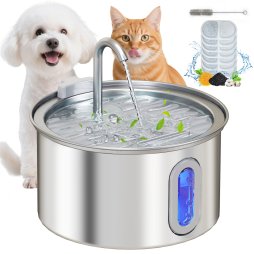 PawHut Cat Water Fountain for Drinking, 2.5L Cat Fountain Stainless Steel Automatic with Ultra-Silent Pump, Water-Level Window, Filters