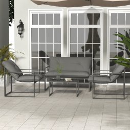 Outsunny 4 Piece Garden Sofa Set, 2 Single Armchair, Loveseat and Coffee Table Set with Steel Frame, Outdoor Furniture with Thick Cushions, Grey
