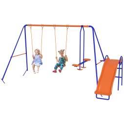 Outsunny 4 in 1 Garden Swing Set, Metal Kids Swing Set w/ Double Swings, Glider, Slide, Ladder, for Outdoor Play - Multicoloured