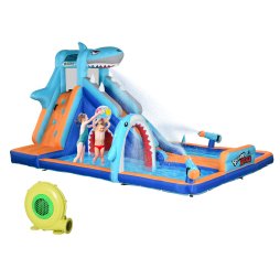 Outsunny Kids Bouncy Castle Inflatable Water Park 6 in 1 for Children Shark-Themed with Slide, Pool, Climbing Wall, Water Cannon for 3-8 Years
