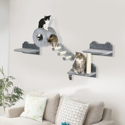 PawHut 4PCs Wall Mounted Cat Tree, Cat Wall Furniture with Platforms, Steps, Scratching Post, Perch, Cat House for Indoor Cats - Grey