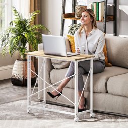 HOMCOM Small Folding Desk, 80 cm Foldable Computer Desk on Wheels for Small Space, Easy Assembly, Space Saving Writing Table for Home Office, Bedroom, Natural Tone