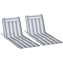 Outsunny Set of 2 Foldable Garden Beach Chair Mat Lightweight Outdoor Sun Lounger Seats Adjustable Back Metal Frame PE Fabric Head Pillow w/ Carry Bag, Light Grey