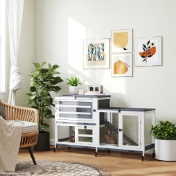 PawHut Rabbit Hutch with Run, 2-Tier Wooden Guinea Pig Hutch with Wheels, 2 Openable Tops, 3 Plastic Trays, Small Animal House Indoor for 2-3 Bunnies, Guinea Pigs, 147 x 45 x 89.5cm, Grey