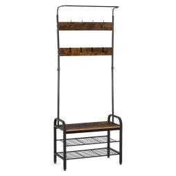 HOMCOM Coat Rack Stand Industrial hallway Shoe Rack Removable Hooks Metal Wood Hangers Storage Cabinet Rustic Brown 72LX34WX185H(cm)