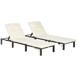 Outsunny Rattan Sun Lounger Set of 2, 5-Level Adjustable Garden Lounger Recliner with Cushion and Headrest, Outdoor Reclining Sunbed, Steel Frame Garden Chair for Patio, Beach, Terrace, Cream White
