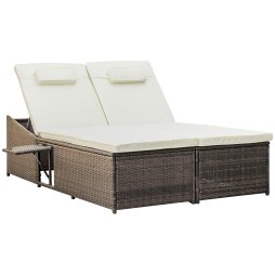 Outsunny Double Rattan Sun Lounger, Garden Daybed with 5-Level Adjustable Backrest and Flip Side Trays, Wicker Outdoor Furniture Recliner with Cushions and Pillows for Patio, Cream White