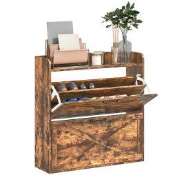 HOMCOM 2 Drawer Narrow Shoe Cabinet, Farmhouse Slim Shoe Storage Cabinet Cupboard with Adjustable Shelves and Barn Door Design for Entryway, Hallway, Rustic Brown