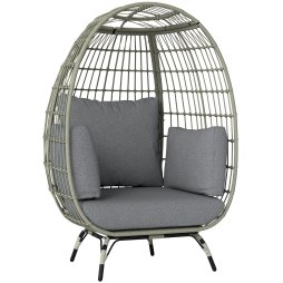Outsunny Oversized Garden Egg Chair, Outdoor Wicker PE Rattan Chair with Thickened Padded Cushions and Pillows for Balcony, Porch, Charcoal Grey